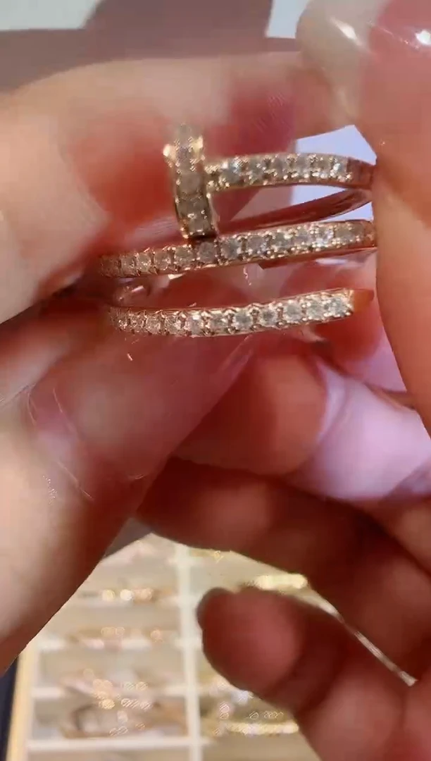 戒指18K金镶嵌钻石14#满钻三圈钉子戒指