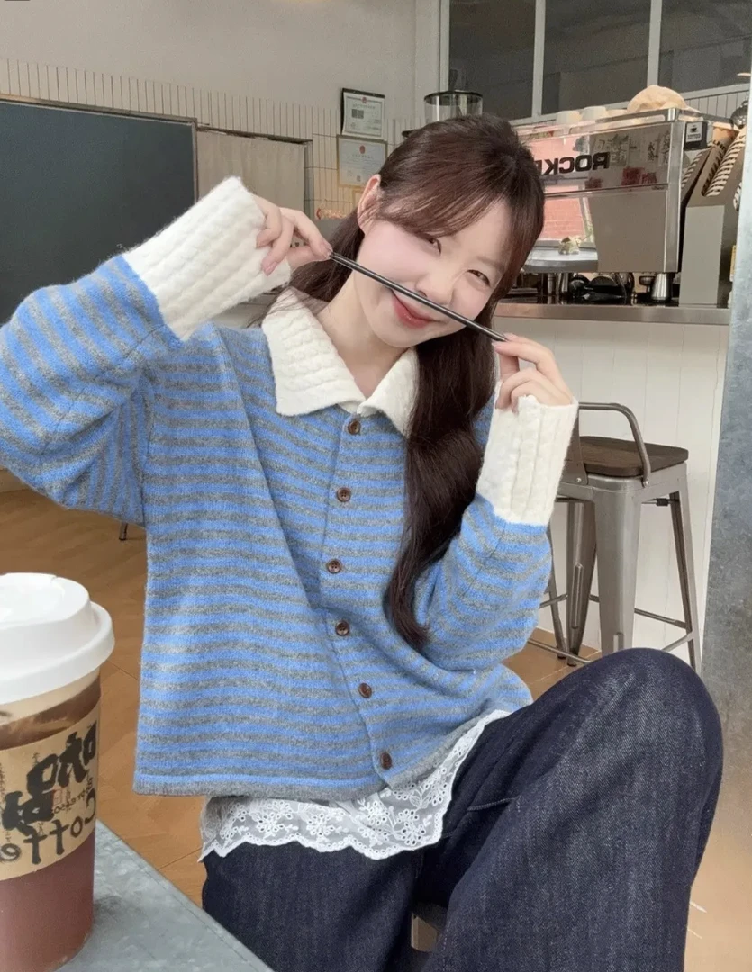 韩系复古撞色条纹翻领毛衣外套女秋季设计感磨毛针织开衫宽松上衣