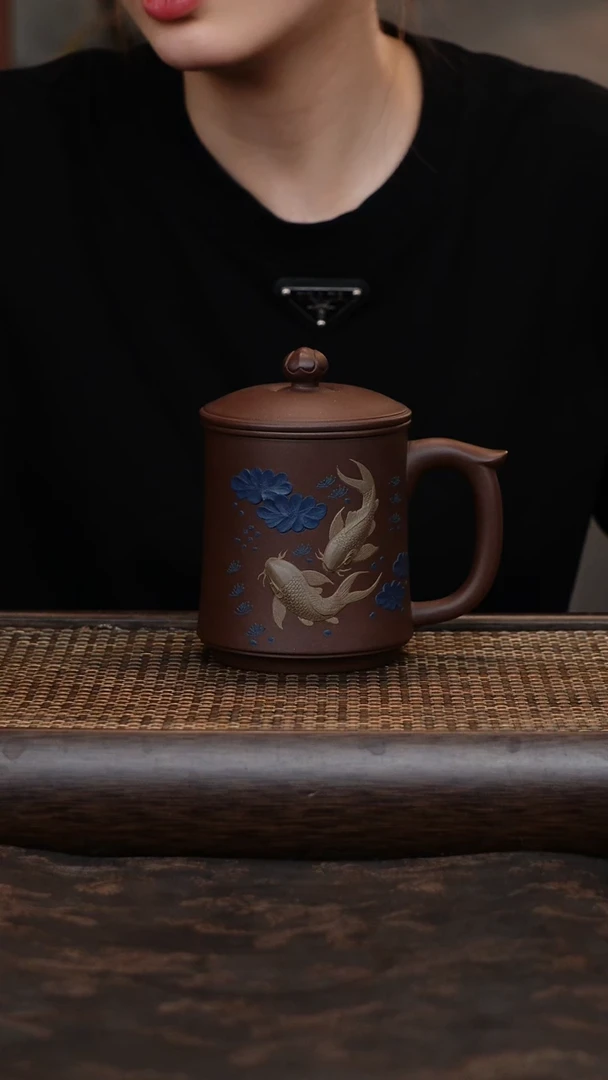 茶杯紫砂紫泥鱼五件套