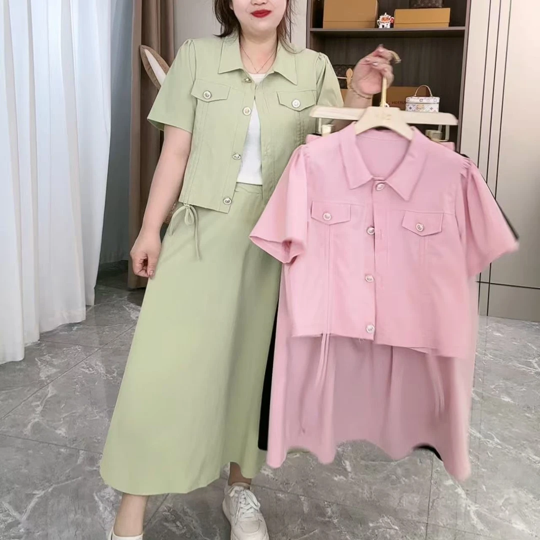 3387法式侧抽绳翻领短袖半裙两件套（上衣+半裙）