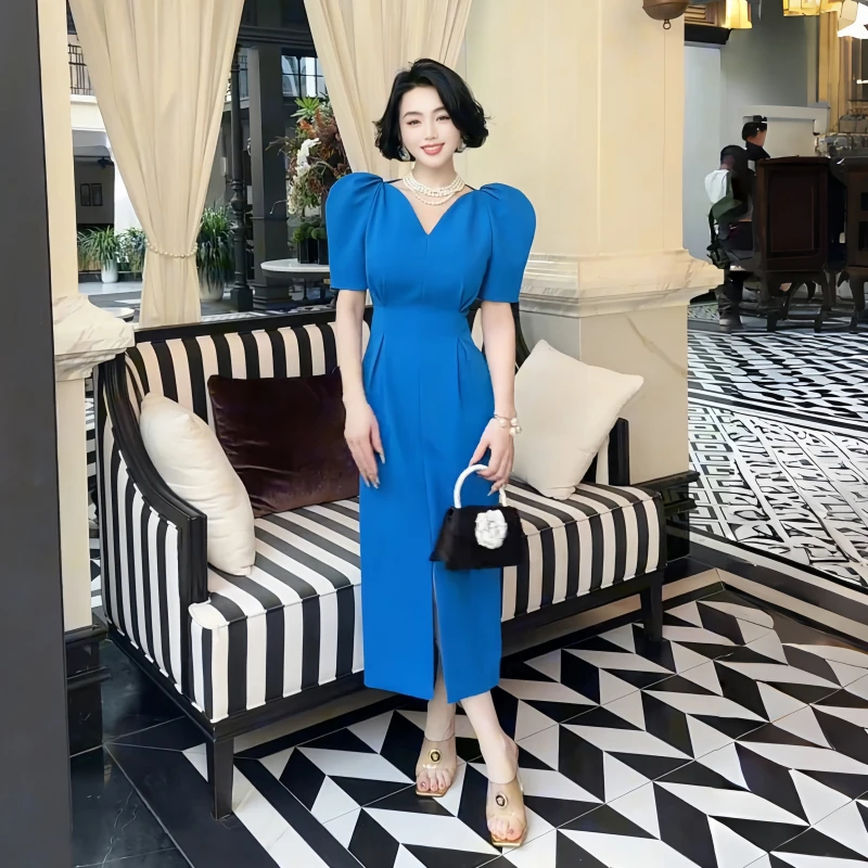 泡泡袖V领连衣裙显瘦气质蓝色时尚夏季开叉女神范V领包臀裙连衣裙