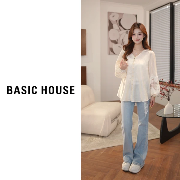 Basic House/百家好春季新款镂空设计时尚休闲显瘦宽松衬衫B5M352