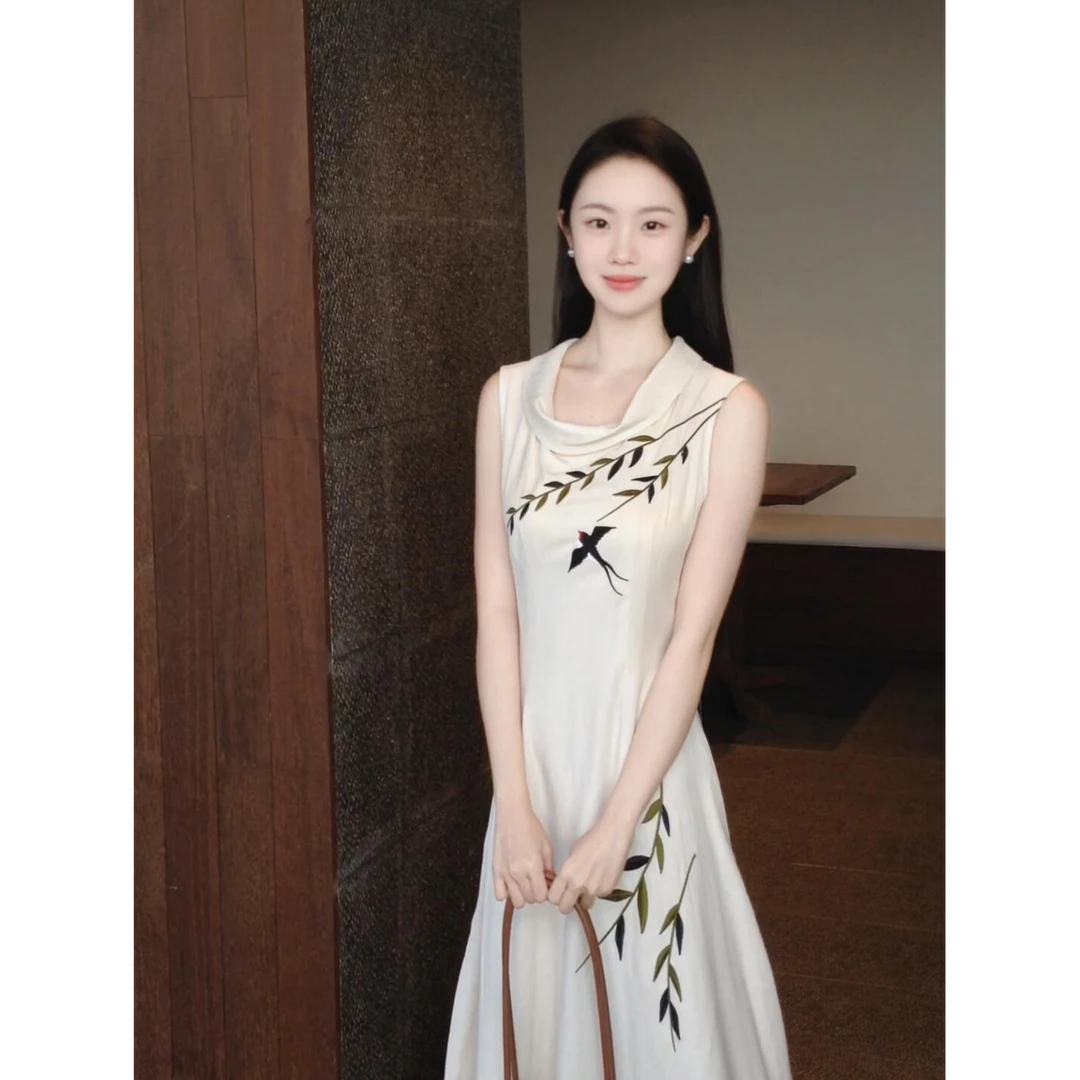 parkyeon法式复古设计感荡领无袖背心连衣裙女夏季新款收腰长裙子