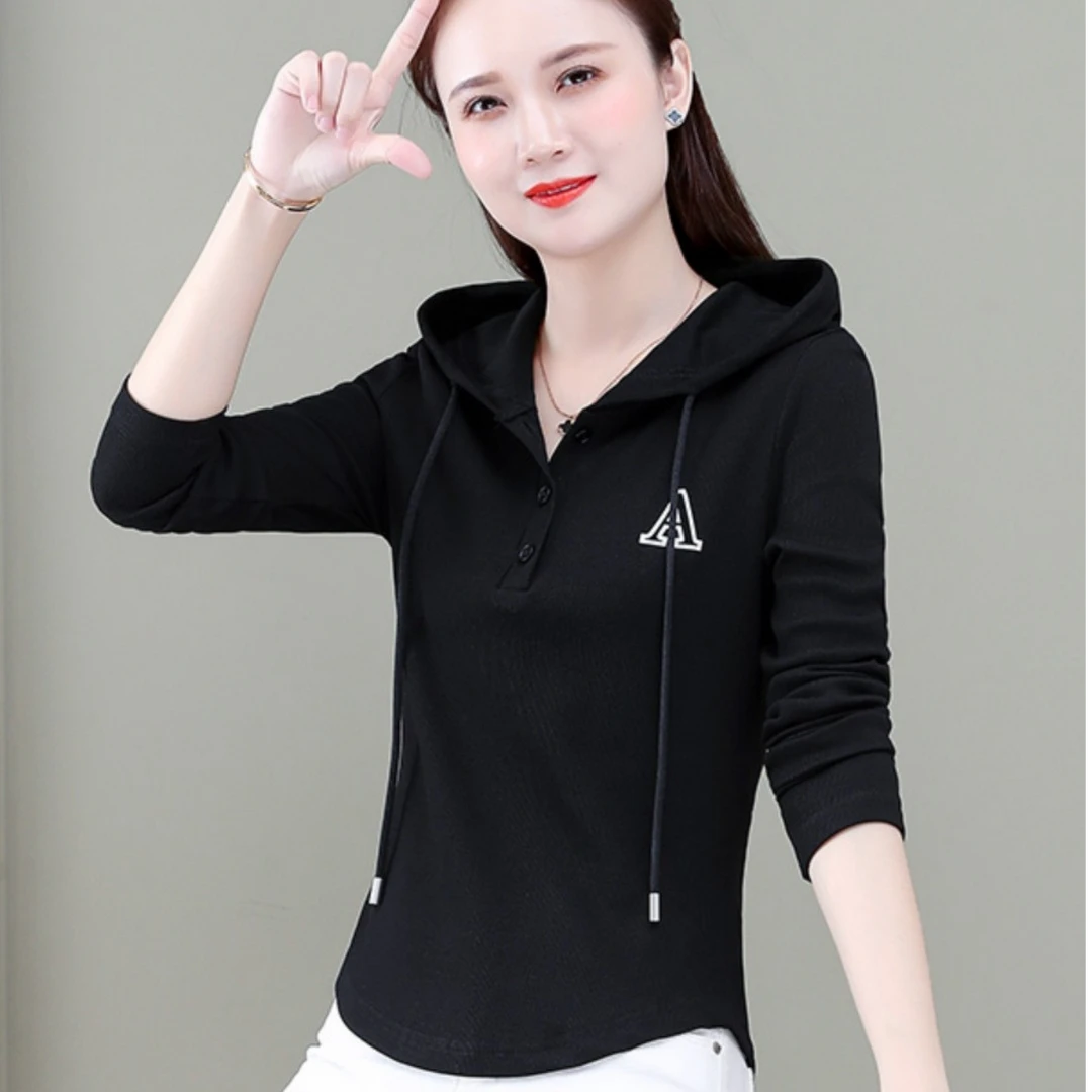 打底衫女t恤长袖带帽2025春秋休闲运动连帽小个子卫衣上衣春秋装