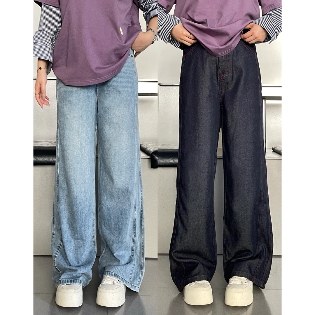 裂渡宣宣【线束原色】微胖大码女秋百搭撞色线莱赛尔牛仔裤ZY506V58