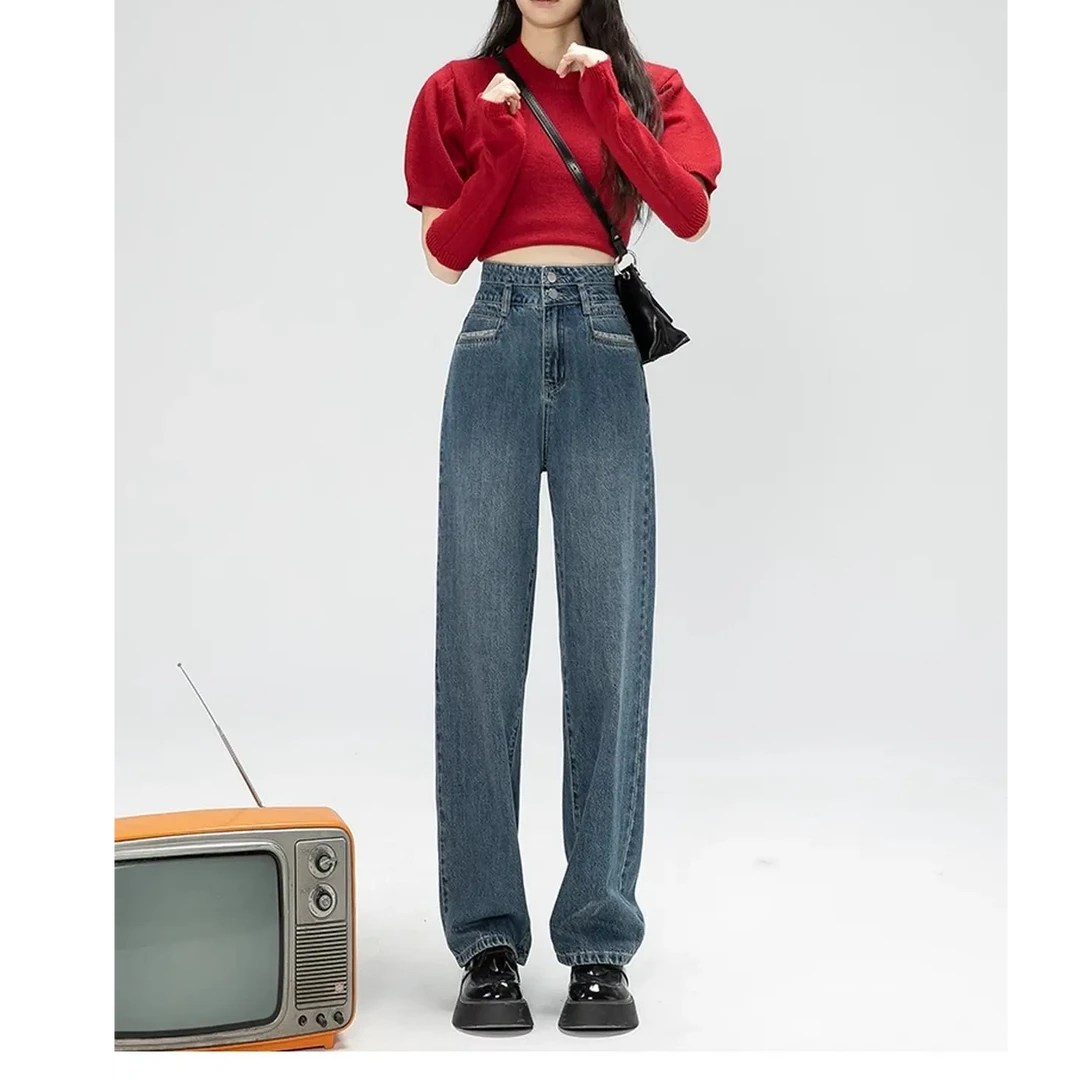 高腰窄版阔腿牛仔裤女2025秋季新款百搭显瘦宽松小个子直筒牛仔裤