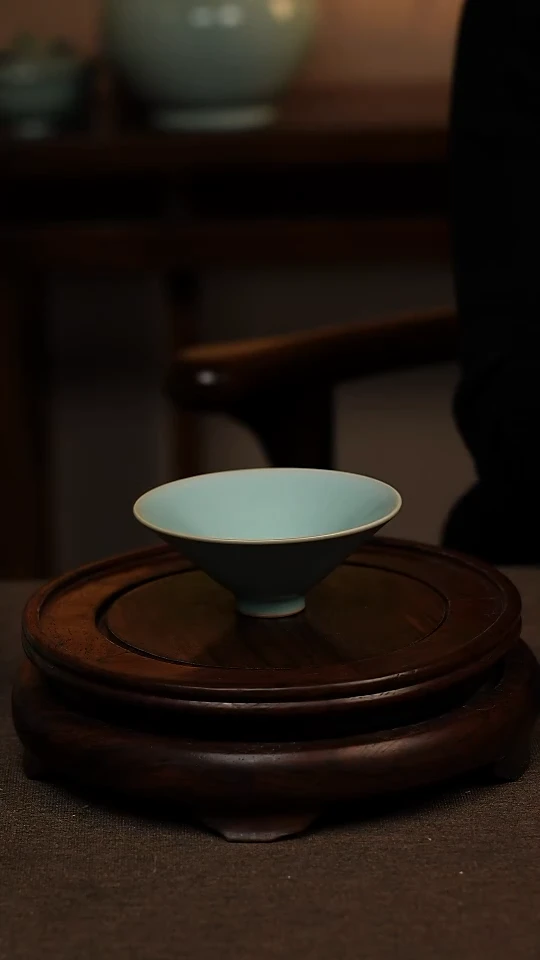 瓷片仿古天青全手工斗笠杯70ml 微瑕 不带礼盒