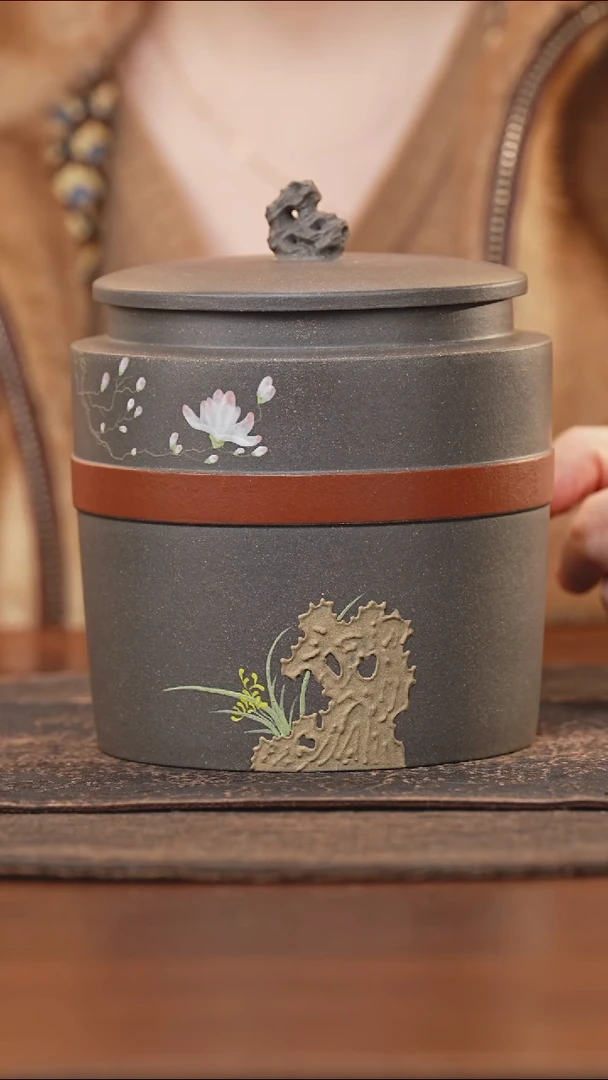 紫砂茶叶罐太湖石钮朱泥腰线泥绘荷花太湖石醒茶罐