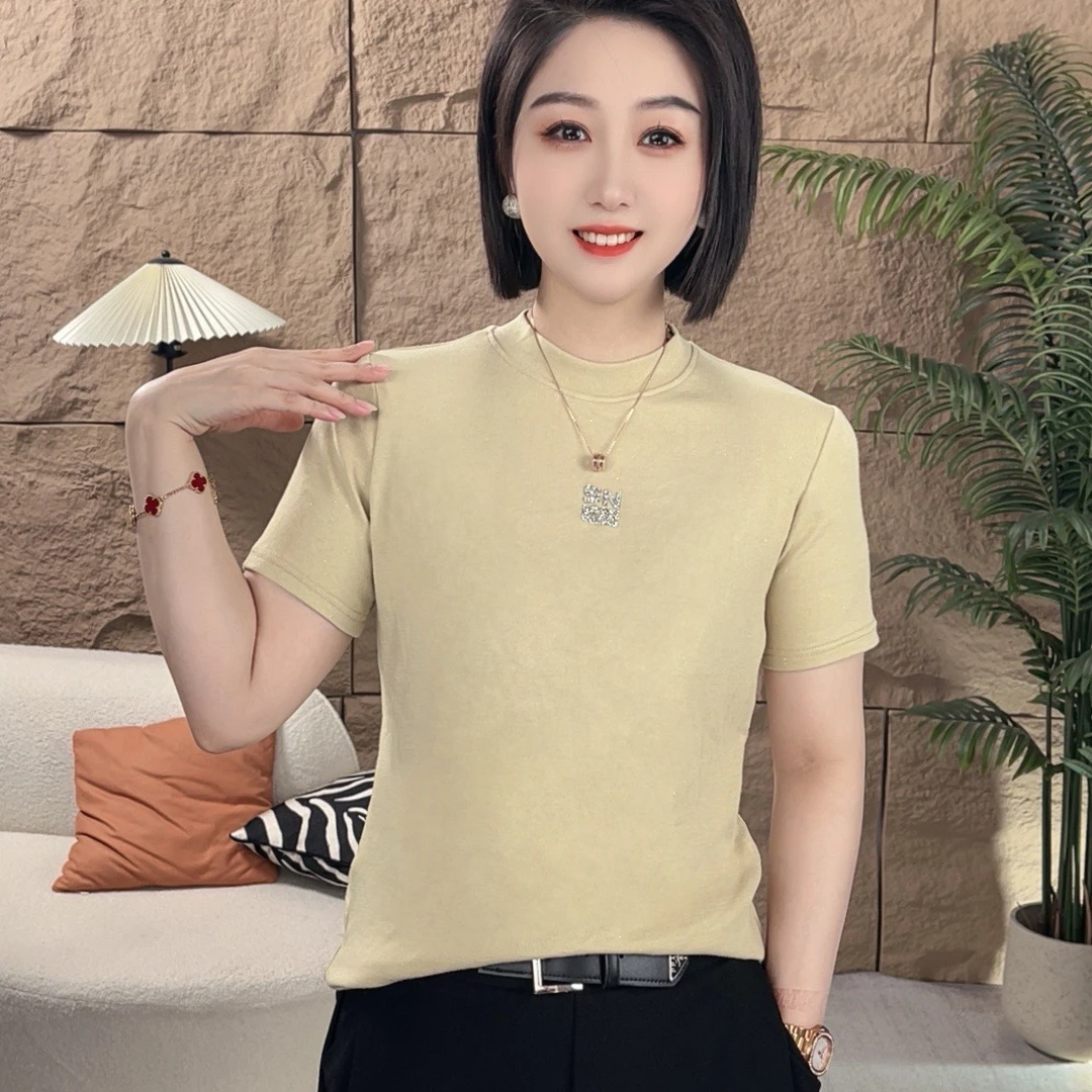 春秋新款短袖T恤打底衫精品棉弹百搭高级时尚中领短袖上衣