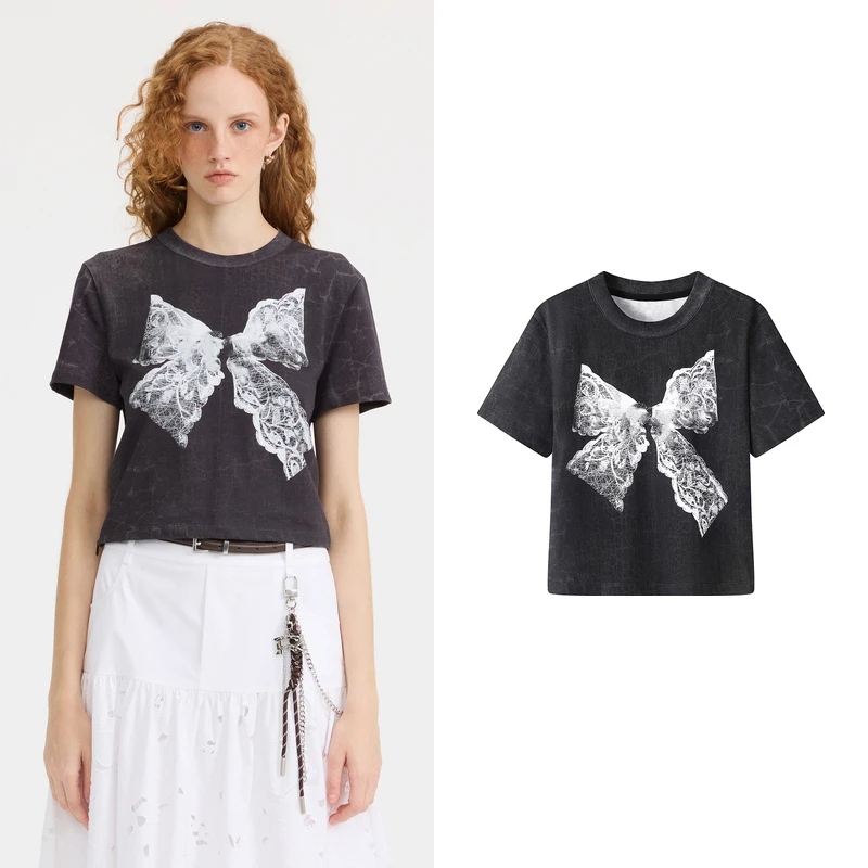 【范范订单】2025春季新品设计师款甜酷蕾丝蝴蝶结印花T恤N5452