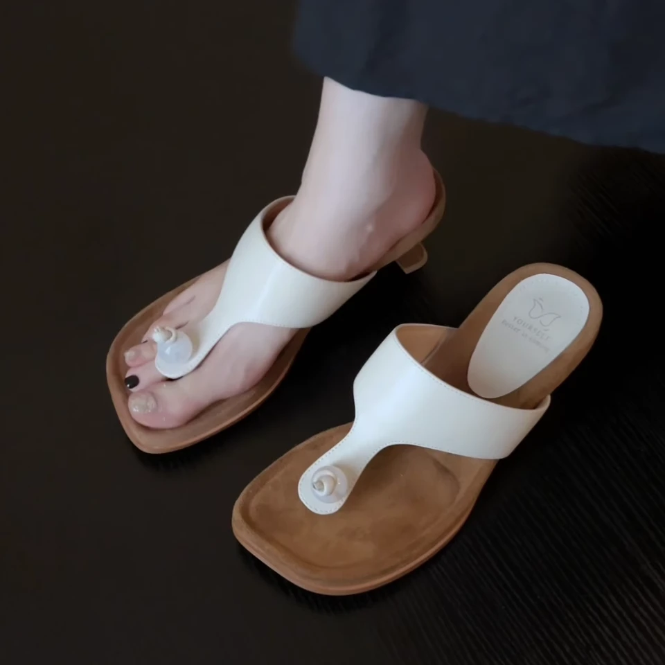 Pokoy-5cm法式复古方头人字带凉拖鞋新款百搭粗跟露趾凉鞋