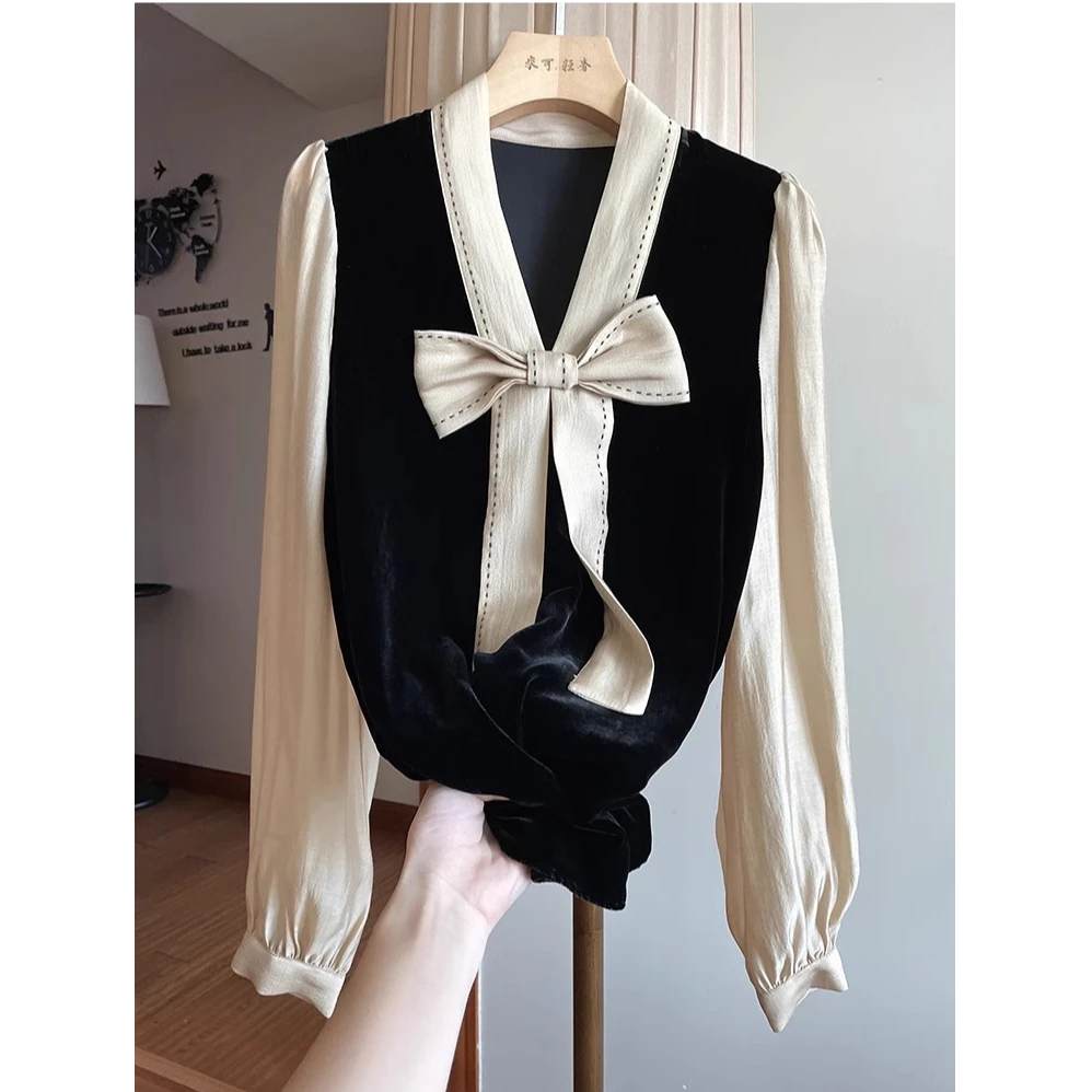 0326蝴蝶结秋季衬衫拼接针织显瘦气质时尚设计感秋冬小众法式