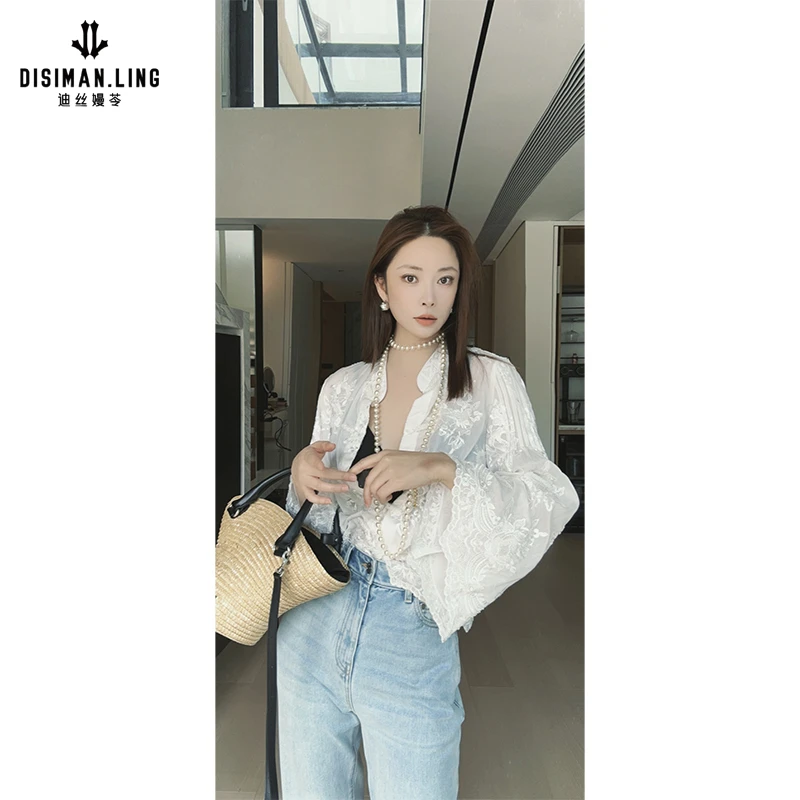 迪丝嫚苓中式国风重工刺绣白色衬衫长袖轻奢气质蕾丝原创设计款