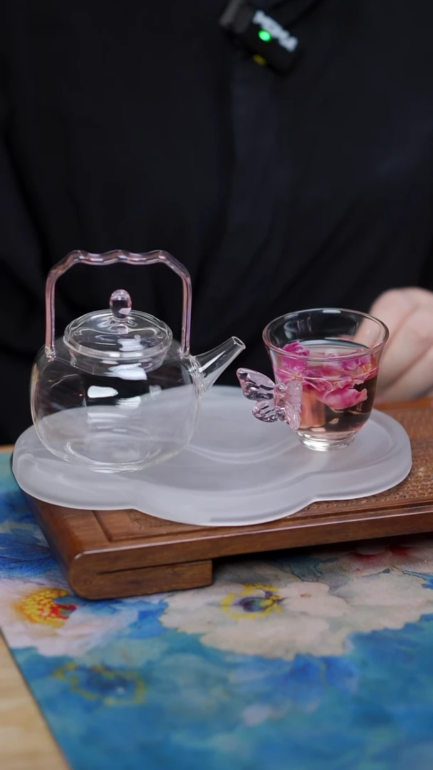 粉色 提梁壶+蝴蝶杯+壶承