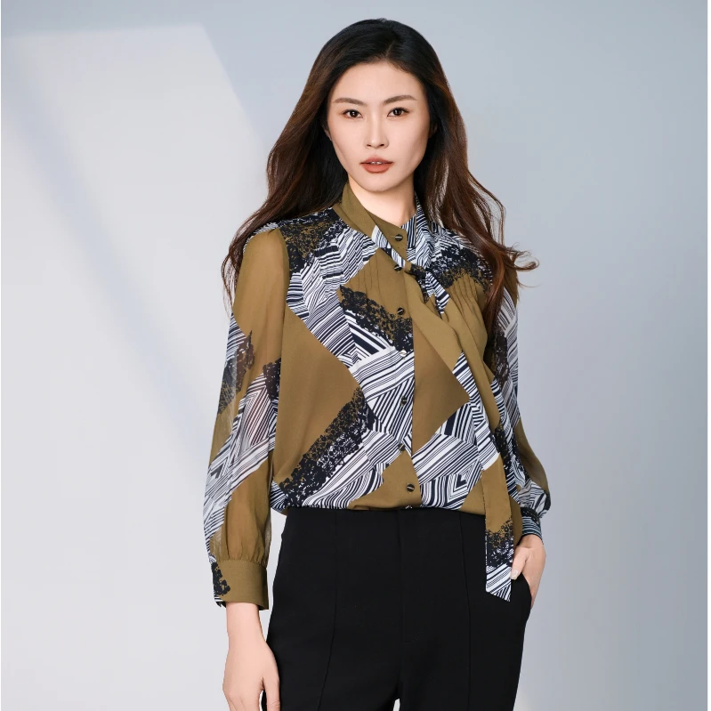 博深博深2025春季时尚百搭印花长袖衬衫优雅百搭专柜同款宽松