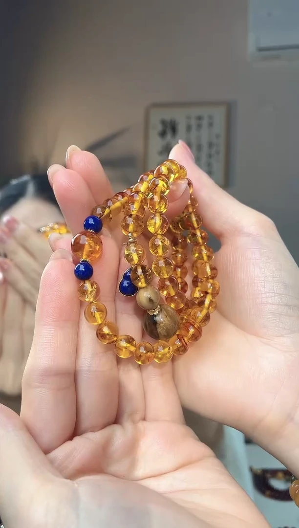 裸石琥珀未镶嵌8+花珀三圈手串设计款
