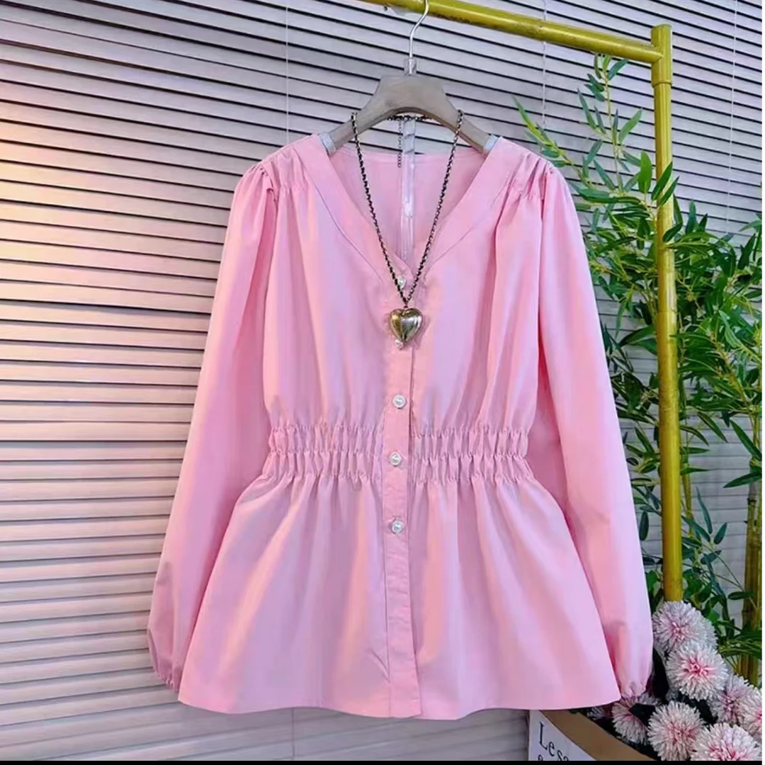 高级感法式别致v领收腰长袖衬衫春季胖mm遮肉显瘦小衫大码上衣