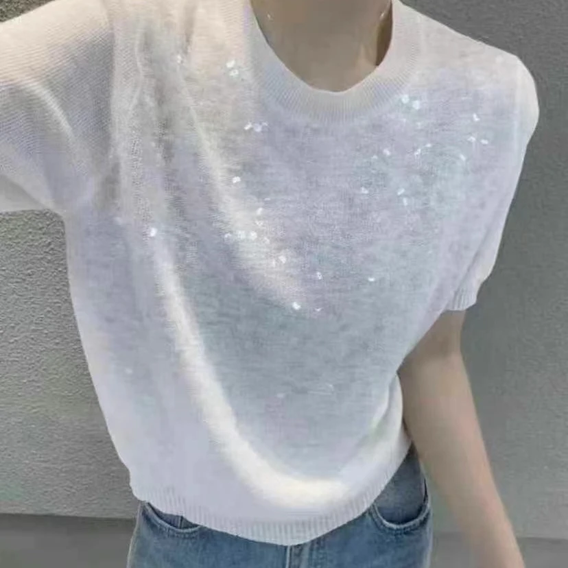 乖乖潮鞋 2025春季新款亮片圆领针织半袖