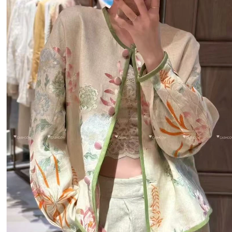 薄款长袖收口袖宽松型刺绣短上衣+时尚双面新中式开衫重工提花