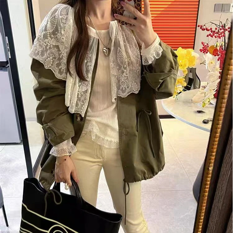 韩版长袖显瘦休闲春季蕾丝风衣外套欧美风秋季重工气质