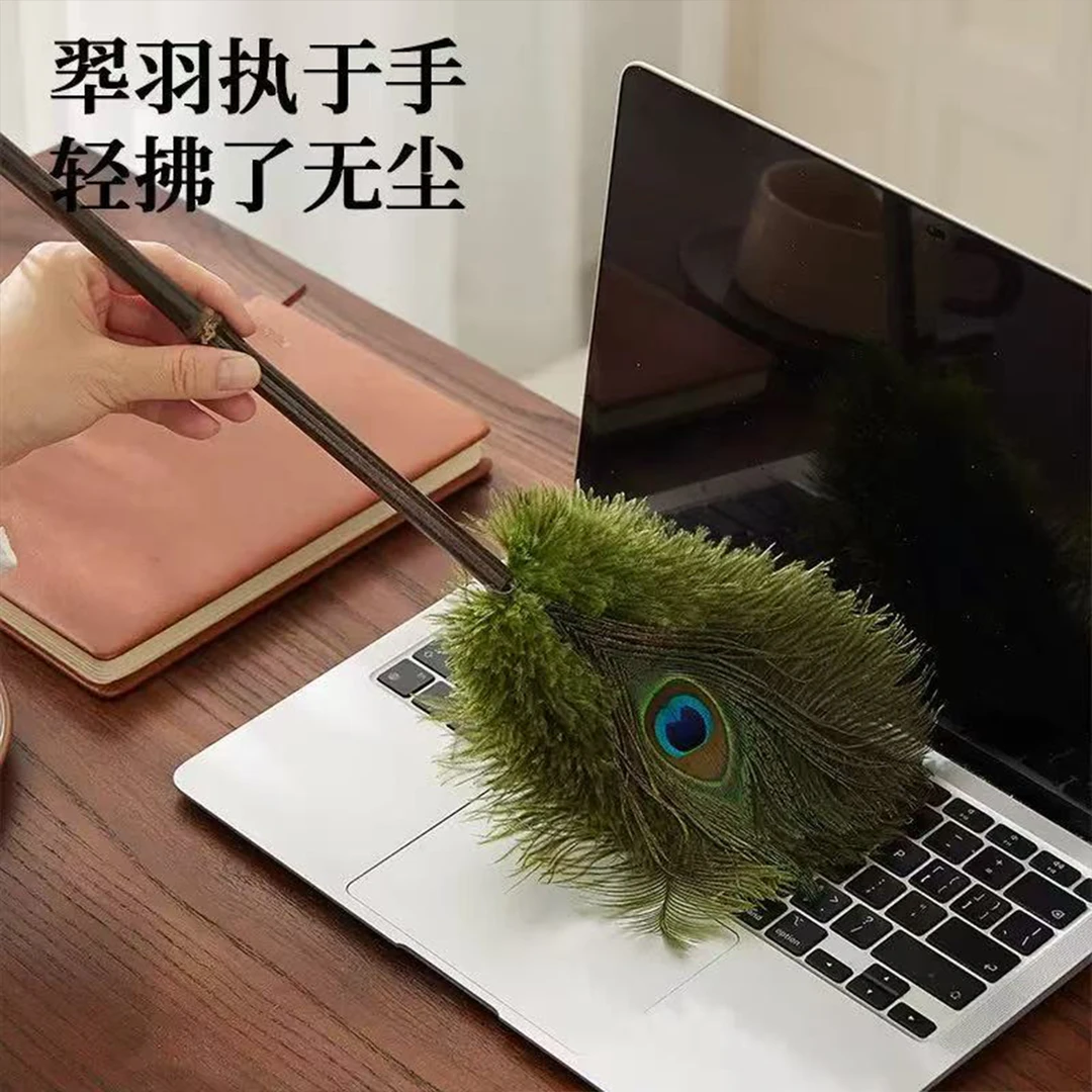 孔雀鸵羽掸家用除尘清洁摆件防静电不掉毛胡桃木手柄高档装饰品