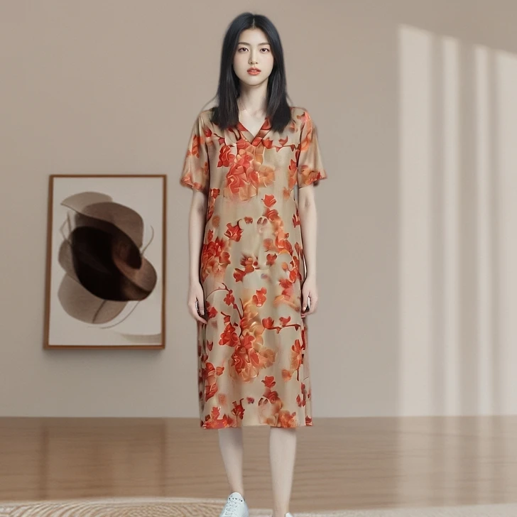 夏季新款花朵印花女士V领连衣裙宽松妈妈裙大码时尚中长款花色