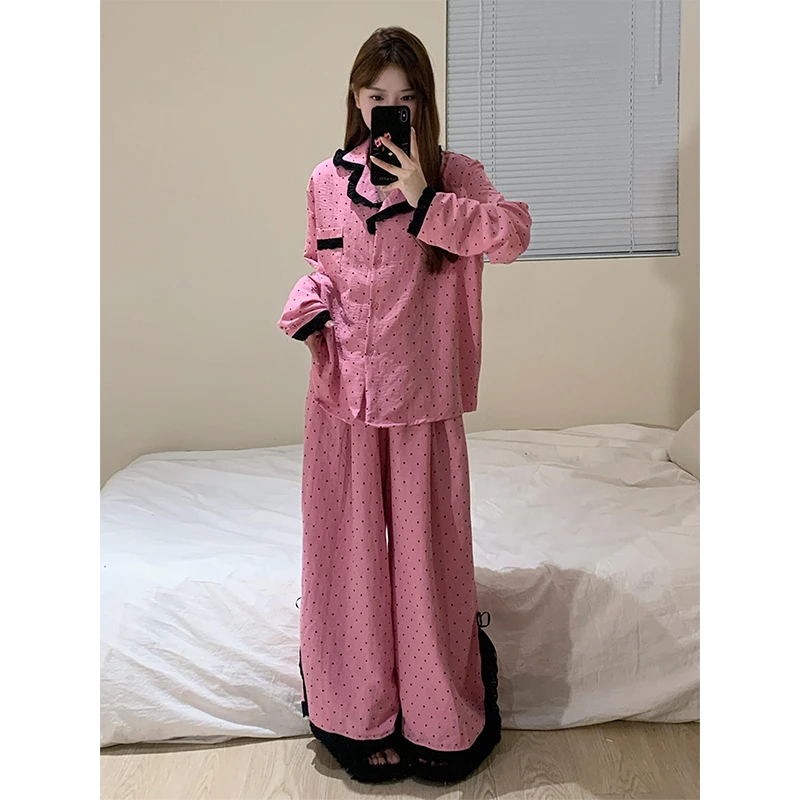 韩版少女甜美蕾丝花边可爱睡衣女春秋2025年新款长袖家居服两件套