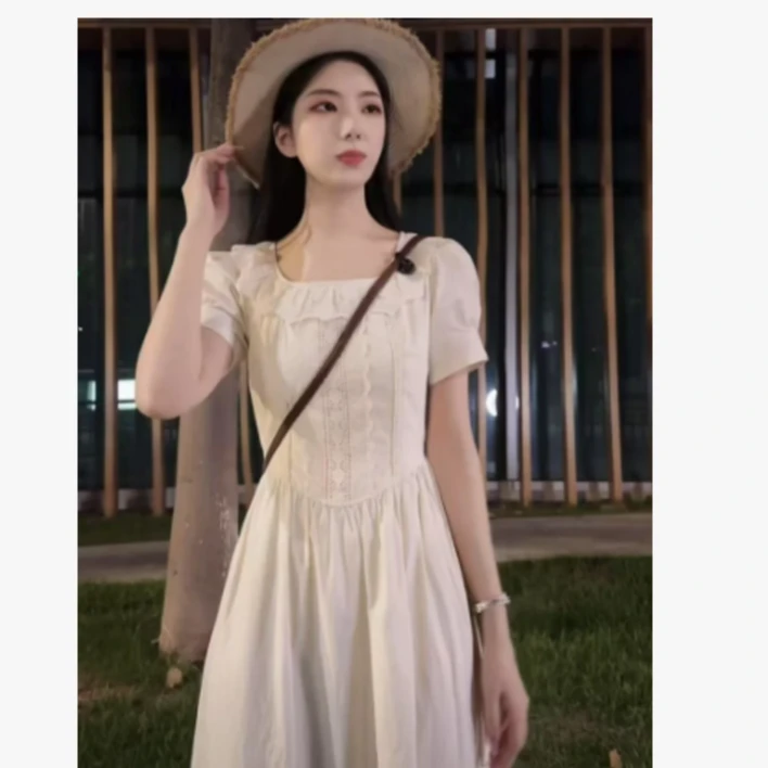 【夏川雪奈】夏季法式收腰显瘦设计拼接蕾丝短袖千金连衣裙