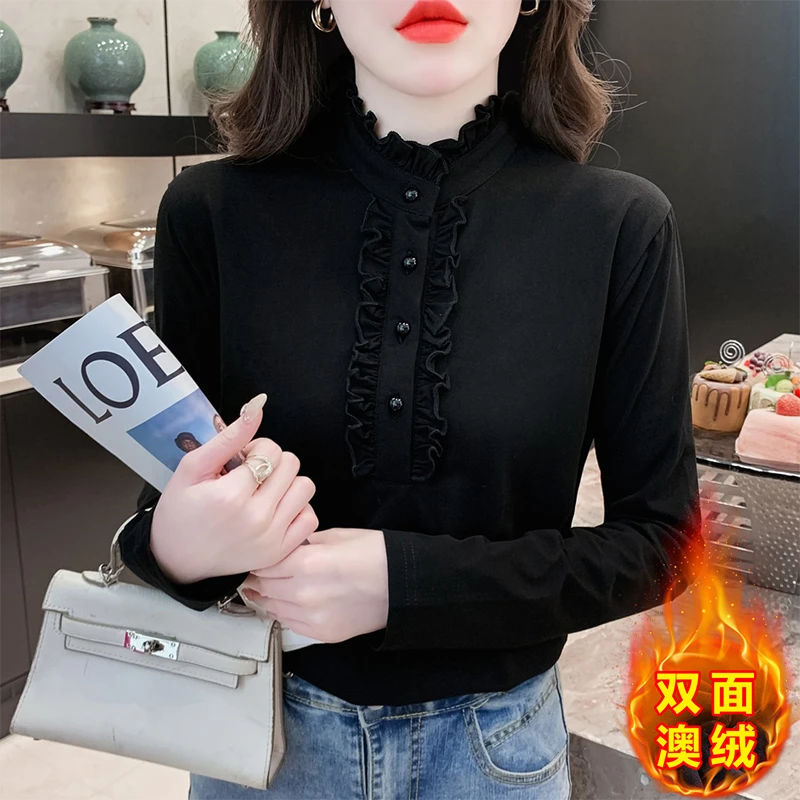 【双面澳绒】时尚半高领钉珠木耳边纯色打底衫宽松显瘦遮肚长袖保暖