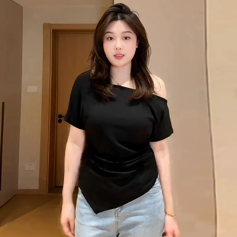 大码女装不规则斜领露肩掐腰短袖t恤夏季新款微胖mm修身显瘦上衣