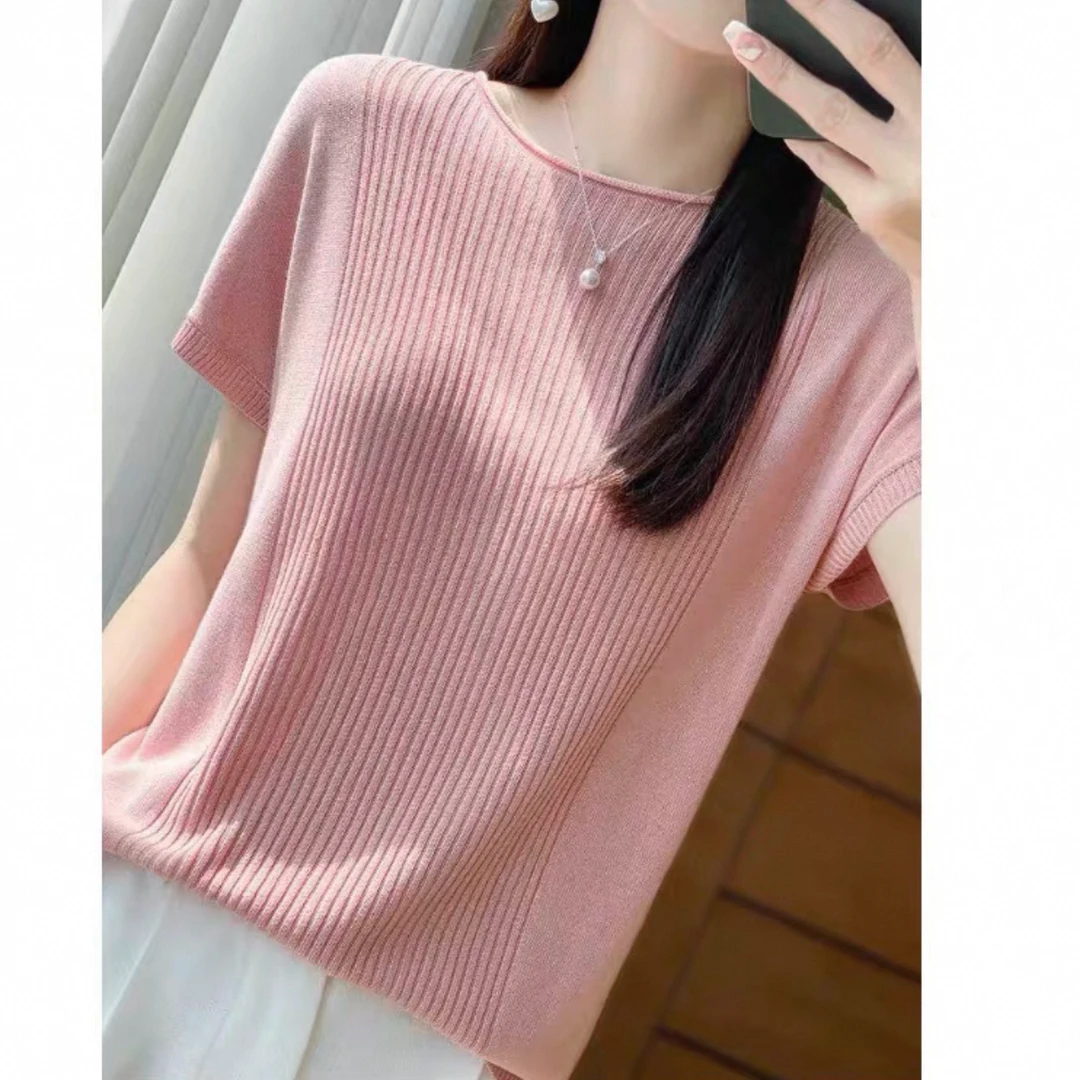 丽丽家~珊瑚粉醋酸丝短袖显瘦百搭夏季薄款纯色圆领上衣