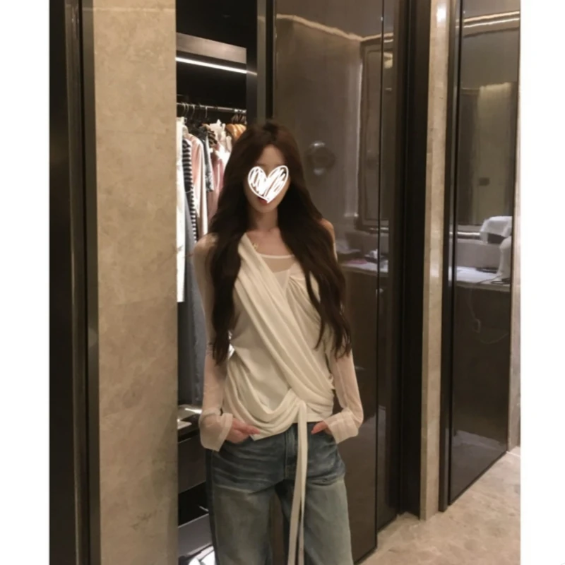 现货！秋季高级设计感斜肩网纱拼接长袖修身显瘦纯欲百搭女上衣潮