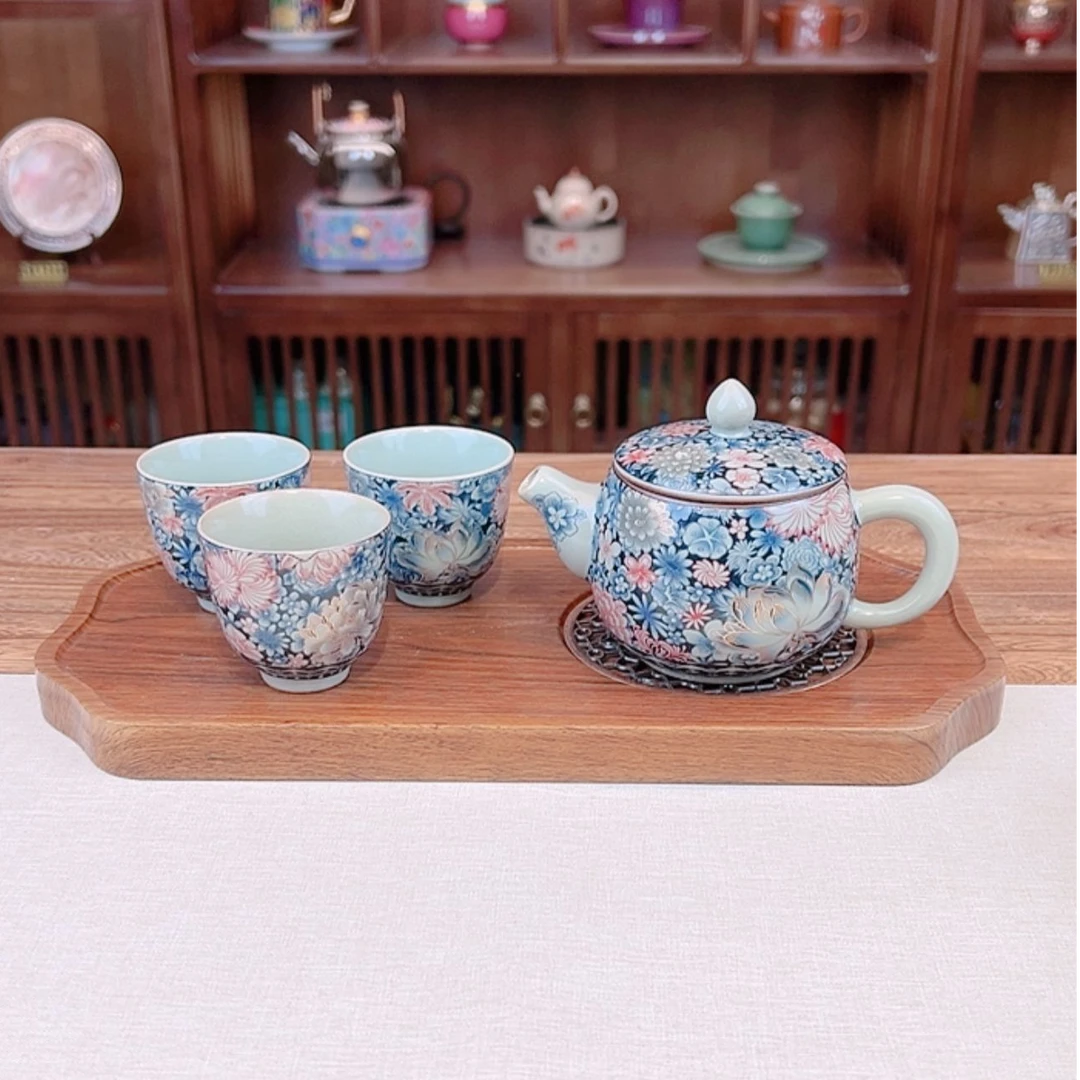 京隆堂天青汝窑青花花开富贵掐丝高端功夫茶壶(茶盘+三杯）