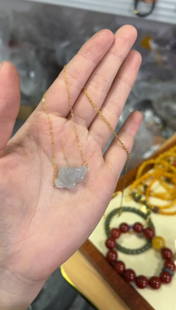 【闪购商品】和田玉颈饰银S925镶嵌和田玉烟紫牡丹花银项链[480]