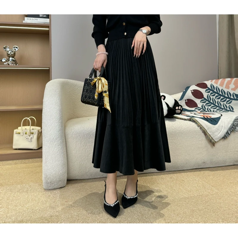【裙子】2024秋季新款压褶垂坠感半身裙中长款大摆显瘦A字百褶裙