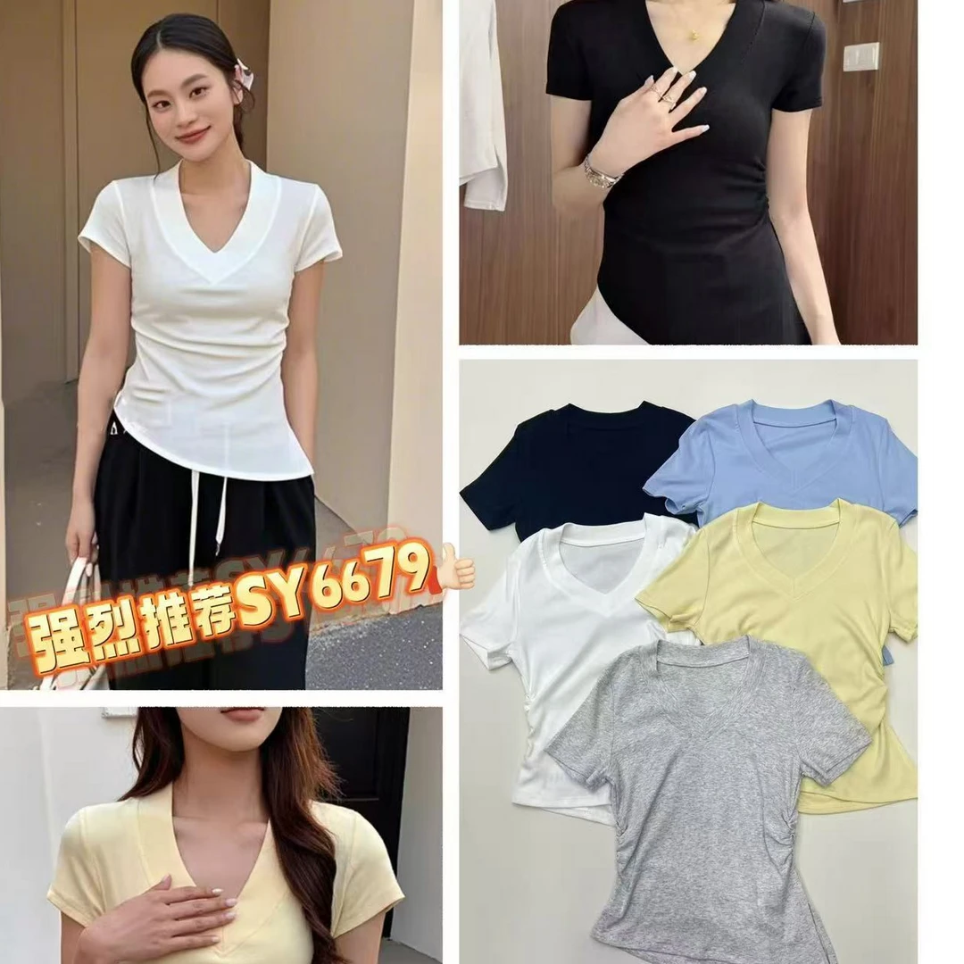 679#v领短袖T恤女2025夏季新款不规则开叉收腰上衣