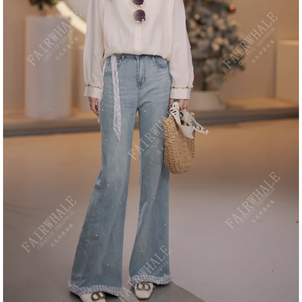 马克华菲女装春秋亲肤时尚百搭透气休闲裤微喇牛仔裤 W