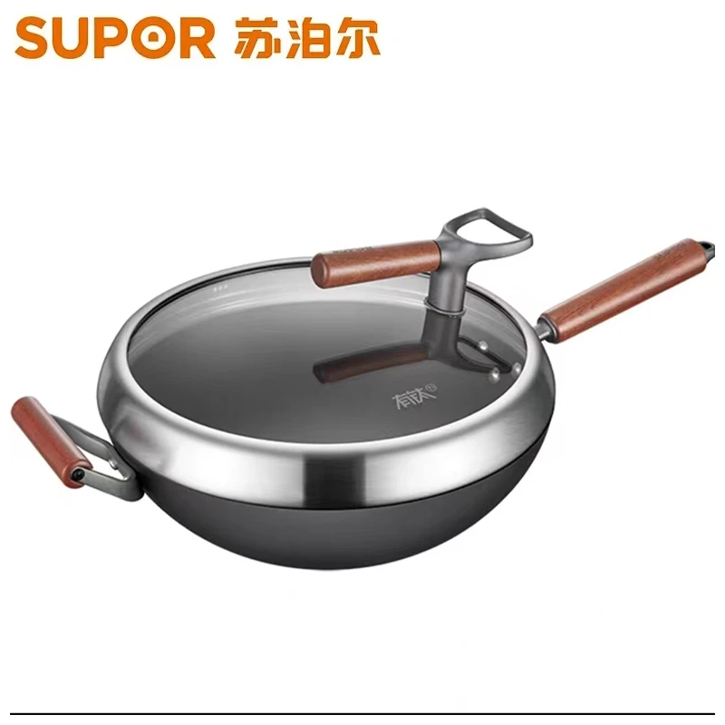 苏泊尔不粘铁锅无涂层炒锅炒菜锅家用电磁炉燃气灶通用有钛复合铁