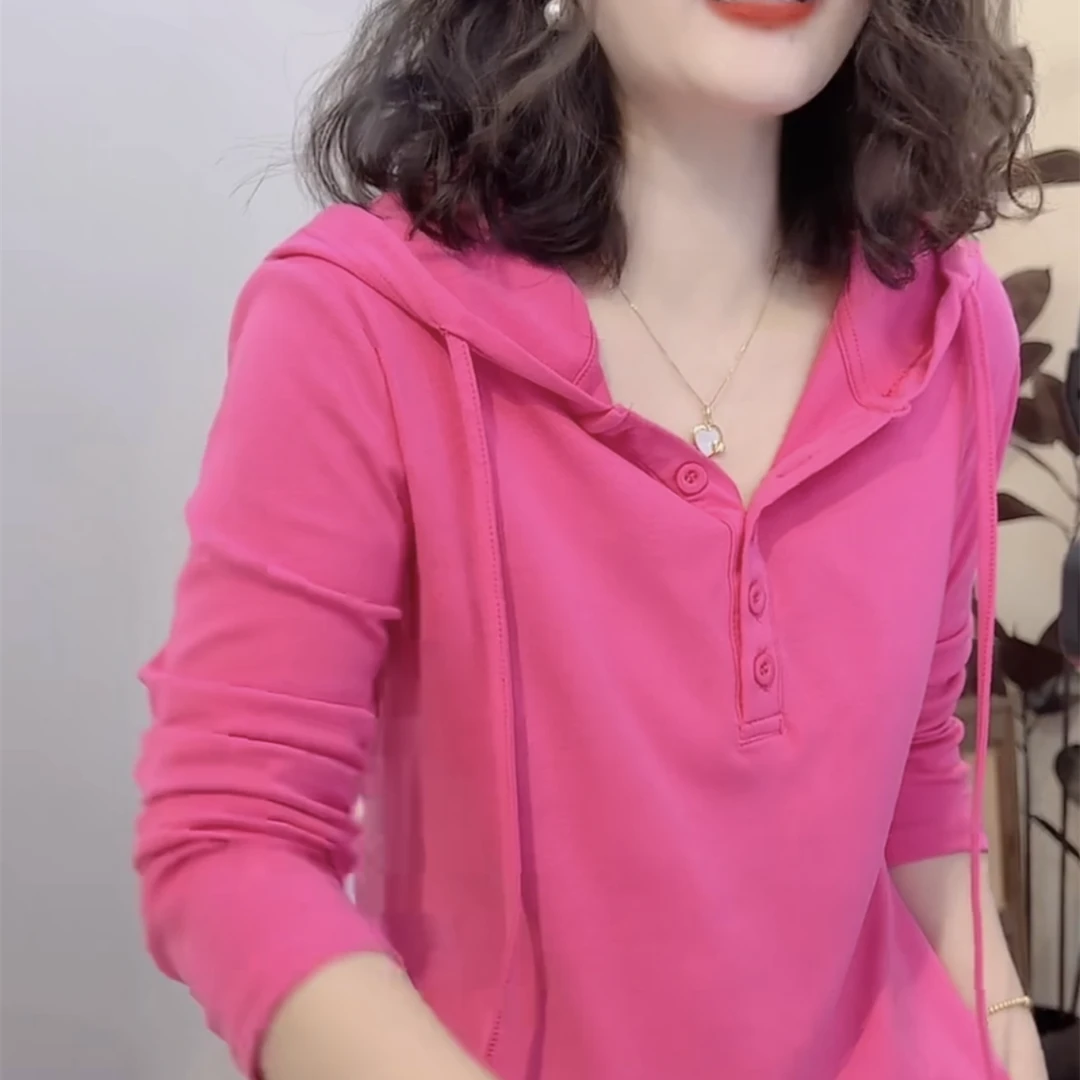 连帽休闲风纯色长袖T恤女韩版宽松设计感春秋休闲百搭洋气上衣潮