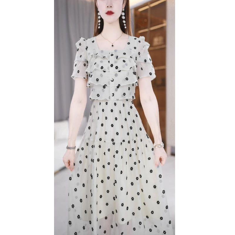 【连衣裙】夏季新款方领纯色花点法式轻薄减龄中长款连衣裙M-4XL