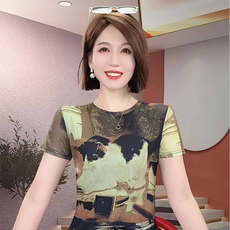 【睿萌女装】夏季内搭印花定位花短袖T恤修身显瘦洋气上衣打底小衫t