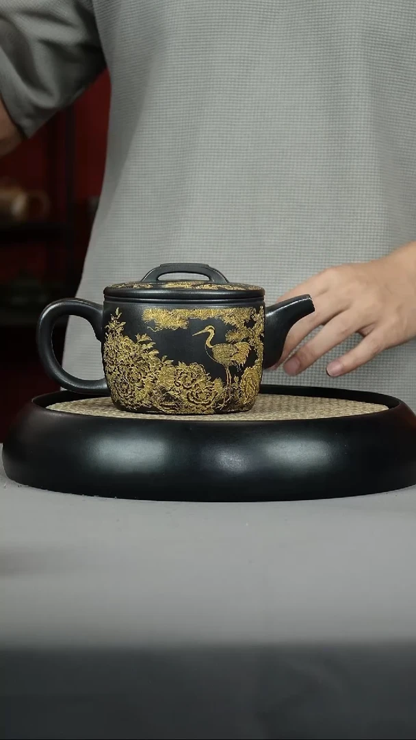 茶壶紫砂石黄 汉瓦 仙鹤 描金