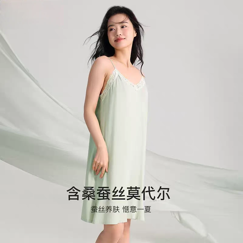 桑蚕丝莫代尔混纺夏季女士吊带睡裙性感蕾丝边宽松休闲