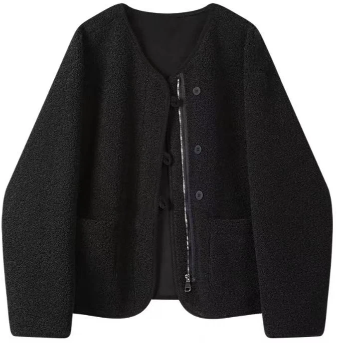 Y532黑三粒扣慵懒风毛绒外套798