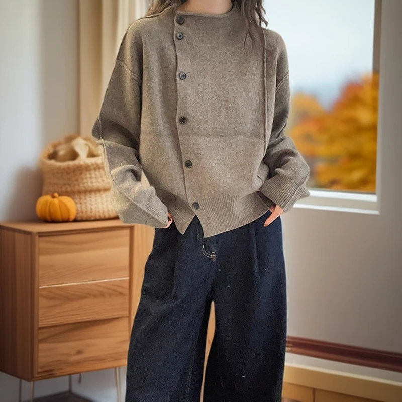 秋冬新款宽松立领韩系长袖复古减龄休闲单排扣时尚针织百搭毛衣女