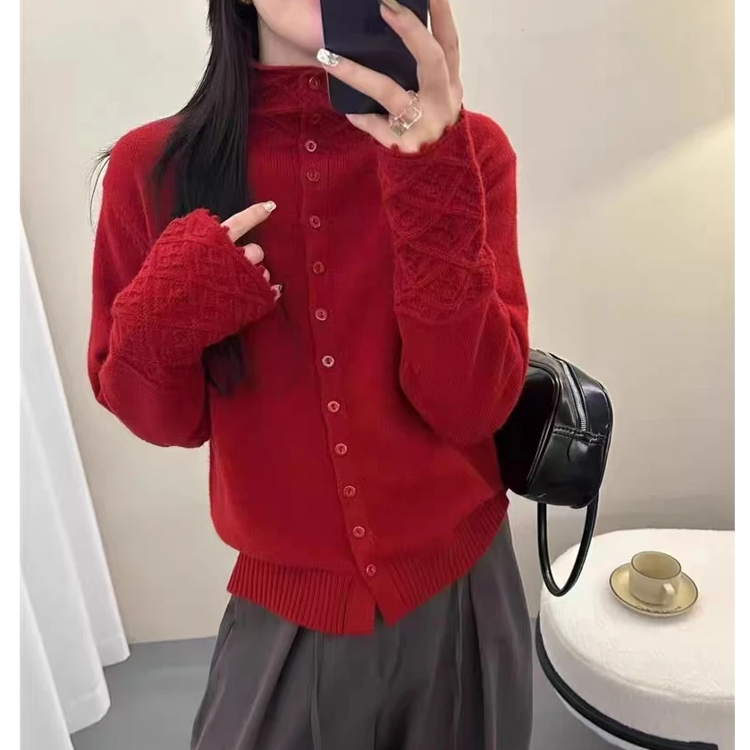 半高领镂空花边袖纯色2025秋冬新款洋气针织开衫打底衫女宽松毛衣
