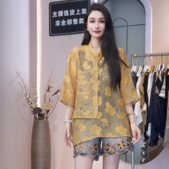 现货丽丽家 国风蝴蝶成群设计感飘叶休闲风气质上衣