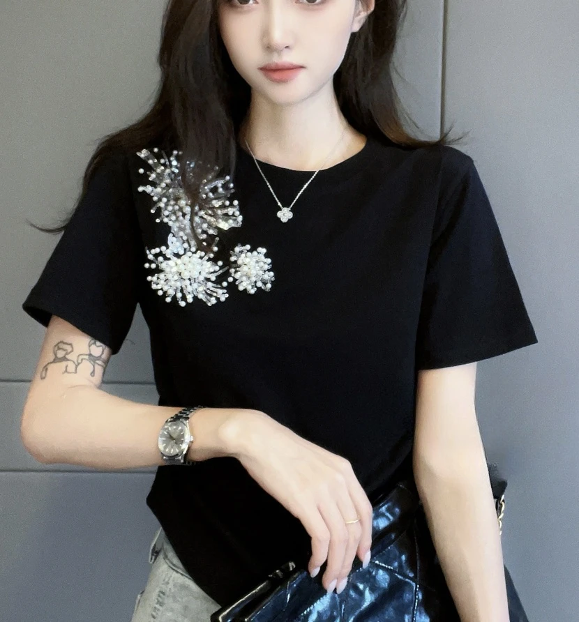欧货高级感重工刺绣立体钉珠花朵圆领短袖T恤女2025夏新款25871#