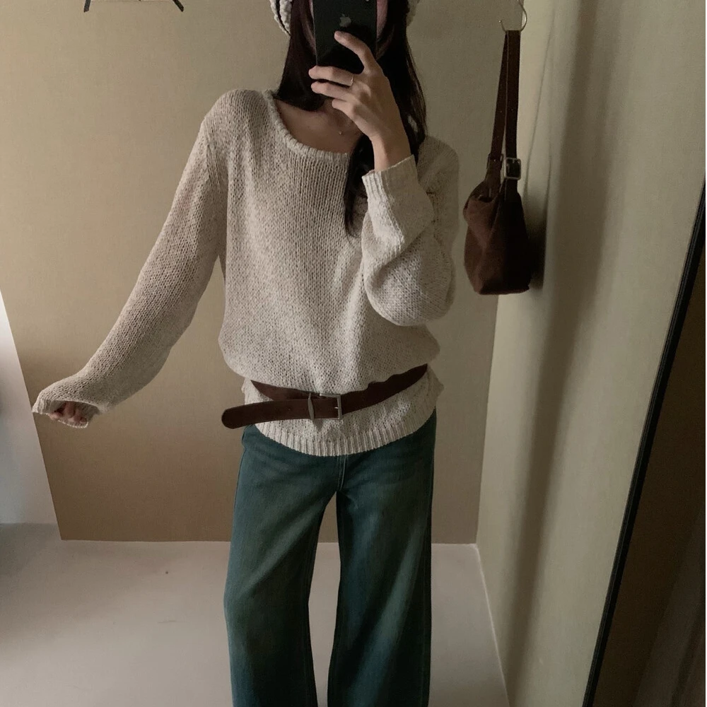 韩版早秋新款时尚韩国东大门潮流休闲慵懒风针织长袖毛衣配腰带女