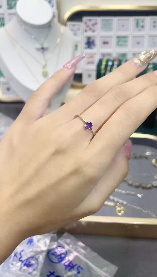 紫晶戒指银S925镶嵌s925银天然紫水晶戒指